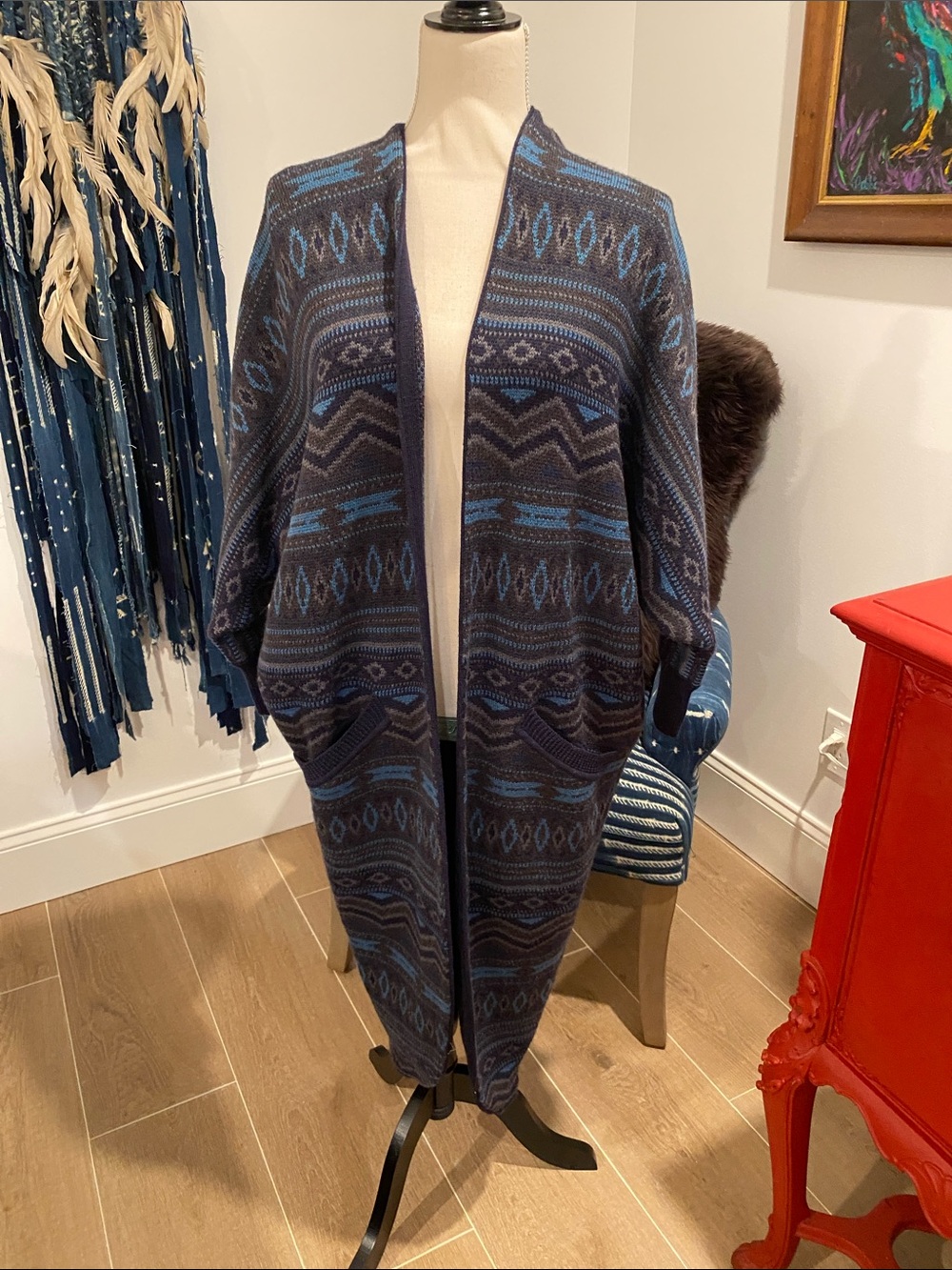 Haute Hippie Navy and Blue Patterned Open-Front Knit Cardigan